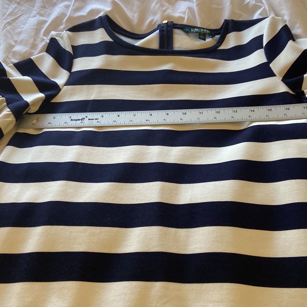 LRalph Lauren Navy White Striped Dress Womens Med Bell Sleeve Midi Nautical - Picture 5 of 11